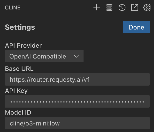 Cline OpenAI Compatible Provider 配置截图
