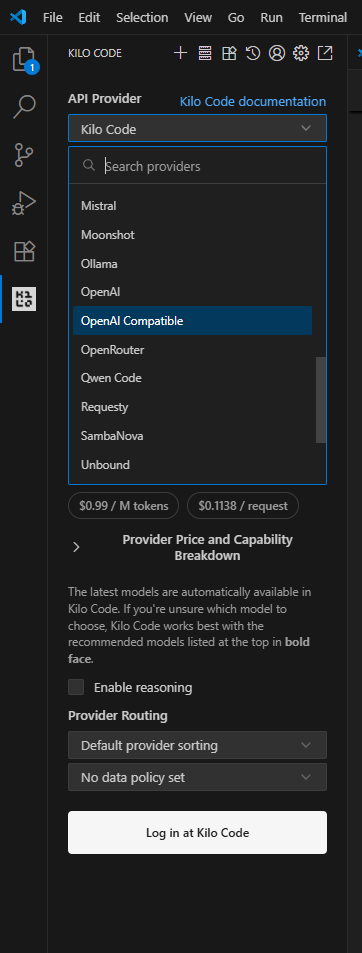 Kilo Code OpenAI Compatible provider 下拉框公开截图